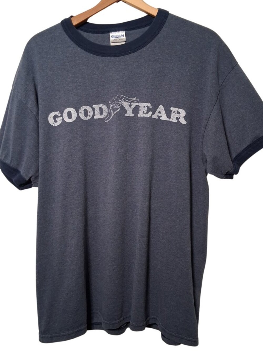 Goodyear Tires Ringer T Shirt Large Blue Auto Automobile Car Parts Logo Mechanic